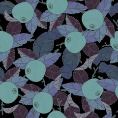 Seamless pattern with stylized apples. Hand drawn illustration. Fruit, leaf, branch of tree on black background.