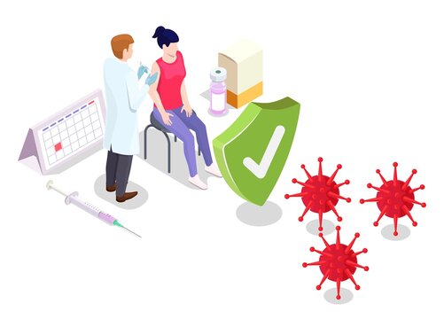 Covid coronavirus vaccination concept vector illustration isometric style. Covid-19 vaccine. Doctor makes an injection of flu vaccine to woman in hospital. People immunity and virus protection
