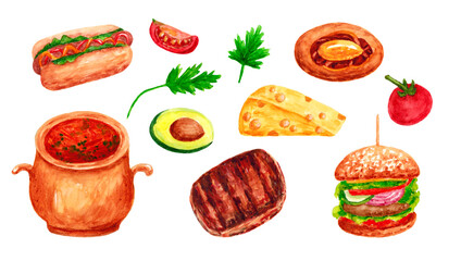 Hot dog and burger, delicious food in a set of watercolor illustrations. Eat What You Want Day. Objects are isolated on a white background. The set is drawn by hand. 