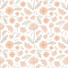 Delicat floral seamless pattern. Gerbera blossom, hand drawn illustration. Rastr background