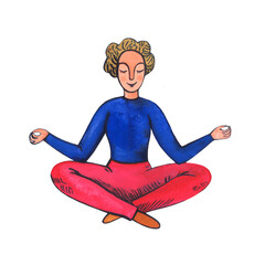 Yoga Lotus position - a young woman making yoga or meditating. Isolated element on white background. Watercolor illustration.