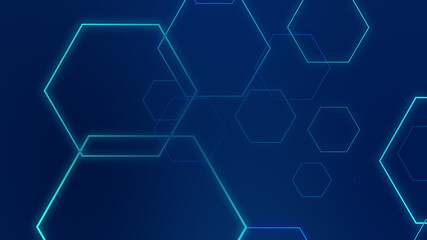 Hexagon geometric blue neon lights technology Hi-tech dark background. Abstract graphic digital future science concept design.