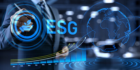 ESG environmental social governance business strategy investing concept. Businessman pressing...