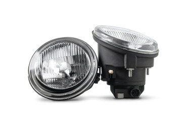 New two fog headlights isolated on white background. Automotive parts.