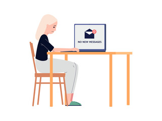 Upset lonely woman getting no messages, flat vector illustration isolated.