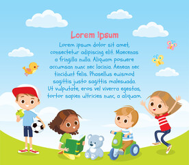 Vector template with happy kids children playing on the green grass of a lawn meadow with blue sky and white clouds birds and butterflies on background.Girl reading book to teddy bear.Boy on tricycle.