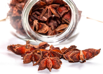 Close-up of various dried star anise capsules (Illicium verum)