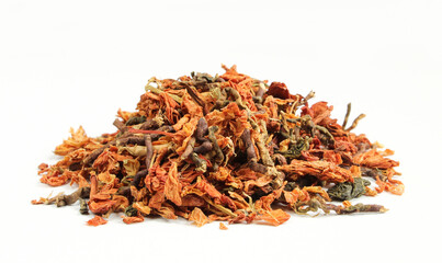 Mixture of dried rose,jasmine and lavender isolated on white background