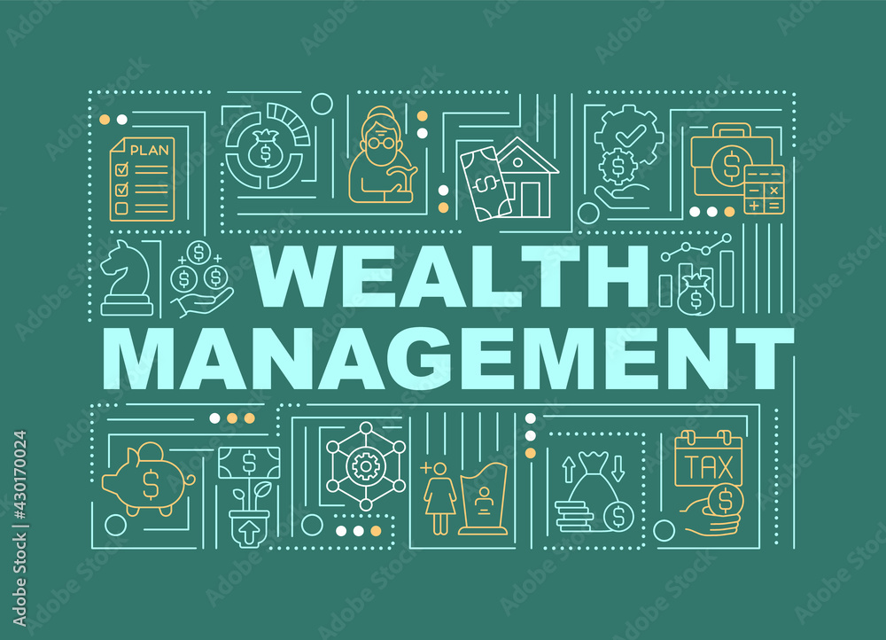 Poster wealth management word concepts banner. create person financial budget. infographics with linear ico