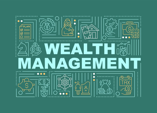 Wealth management word concepts banner. Create person financial budget. Infographics with linear icons on green background. Isolated typography. Vector outline RGB color illustration