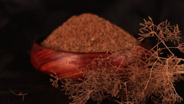 Caraway plant with carvi or cumin seeds on wooden table with black background, indian popular spice zira or jeera,