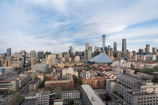 Aerial view of the city skyline of China World Trade Center in Beijing at dusk