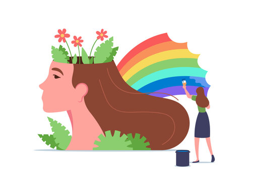 Mental Health, Wellness, Brain Treatment Concept. Tiny Woman Character Painting Rainbow at Huge Female Head