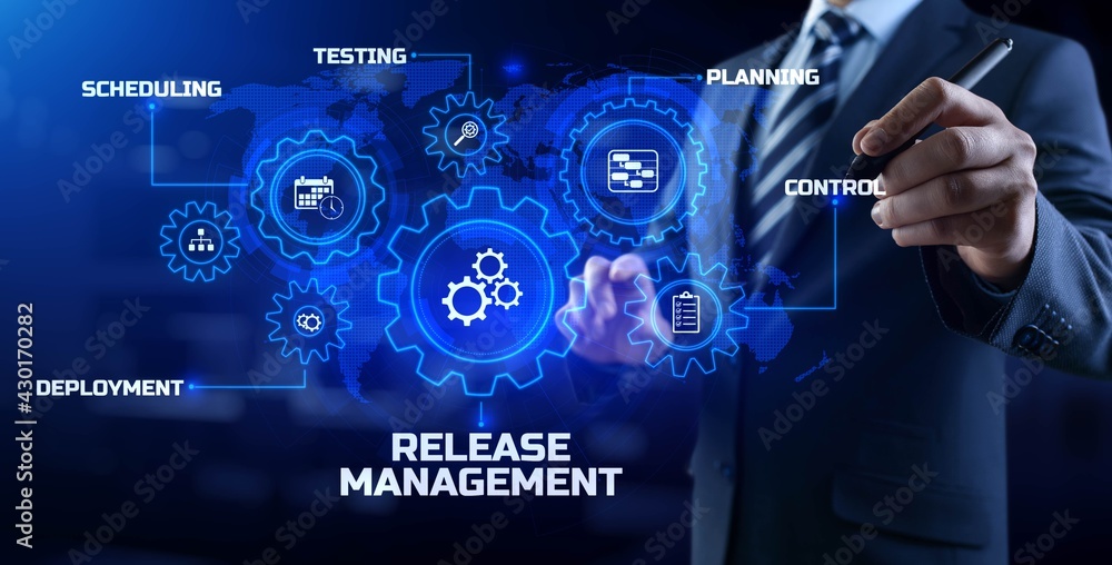 Aufkleber release management software development and testing concept