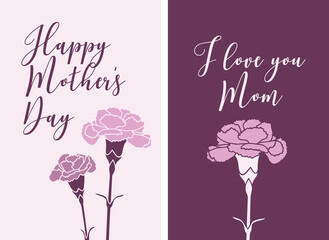 Mother's Day card with carnation flowers magenta pink violet background vector illustration linocut style