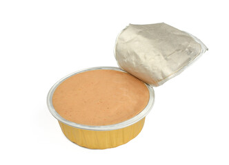 Chicken pate in opened aluminum packaging isolated on white background