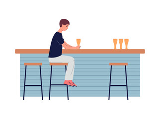 Sad depression man in loneliness sitting at bar counter and drinks alcohol.