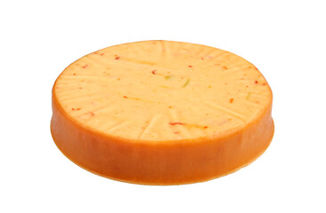 Round shape cheese with chili pepper flavor isolated on white
