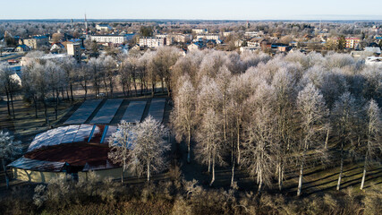 Aerial view of Skrunda town in winter day, Latvia.