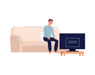 Lonely miserable man alone in front of TV, flat vector illustration isolated.