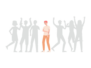 Upset lonely man standing alone among crowd, flat vector illustration isolated.