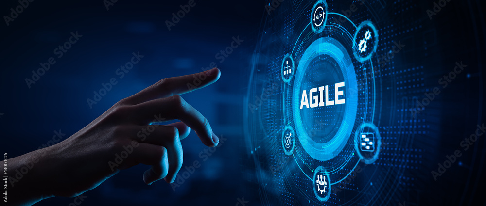 Poster agile software development scrum methodology technology concept. hand pressing button on screen