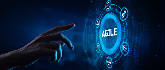 Agile software development SCRUM methodology technology concept. Hand pressing button on screen