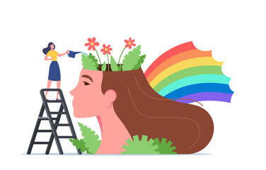 Mental Health, Psychological Support, Healthy Mind, Positive Thinking. Tiny Woman Stand on Ladder Watering Flowers