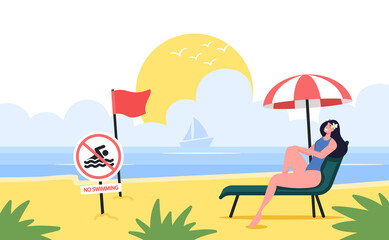 Young Woman Relax on Chaise Lounge on Sandy Beach with Red Warning Flag and No Swimming Prohibition Sign