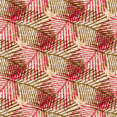 Mono print style feathered leaves seamless vector pattern background. Brown red criss cross texture blended lino cut effect leaf foliage backdrop. At home hand crafted style diagonal design repeat.