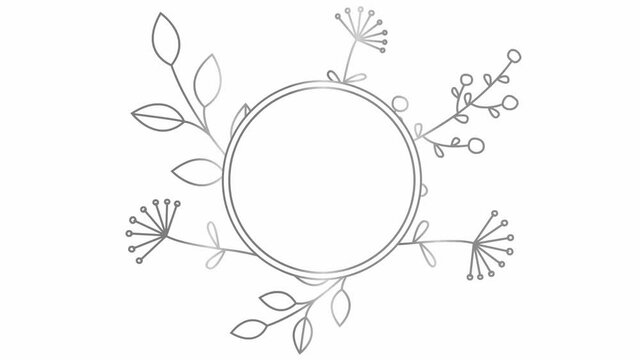 Animated abstract modern banner with silver branch of leaf and flower. Circle black frame with copy space. Looped video. Flat vector illustration isolated on white background.