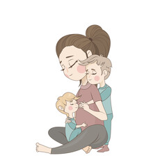 vector illustration of a mom hugging her sons