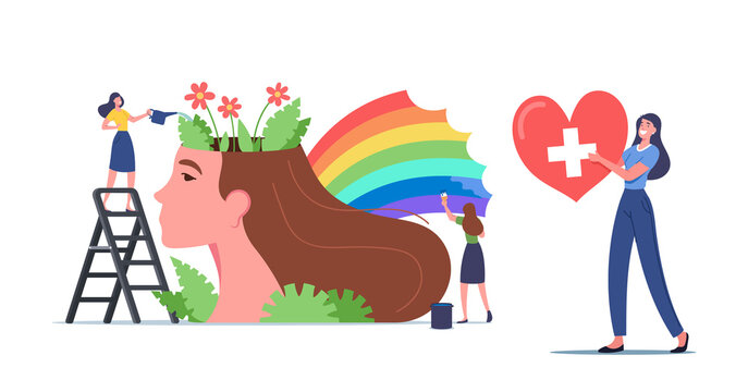Mental Health Concept. Tiny Women Characters Watering Flowers and Painting Rainbow at Huge Female Head. Healthy Mind
