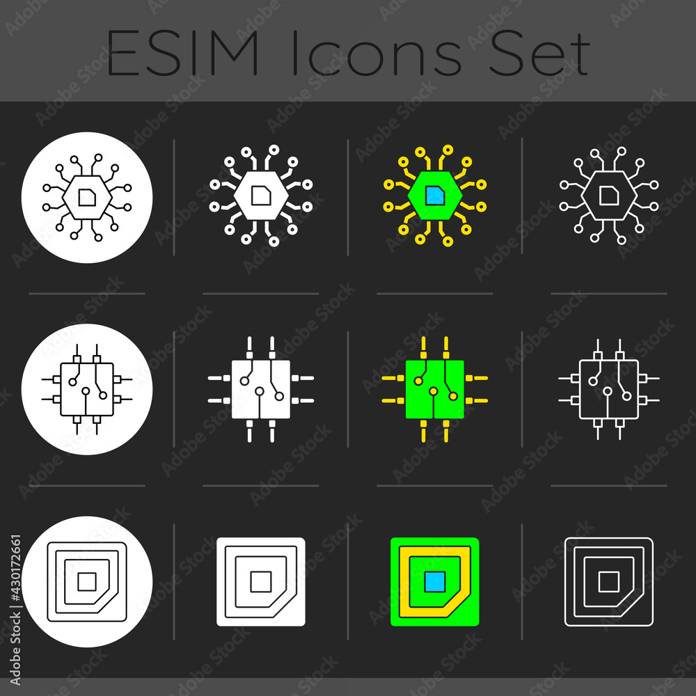 Poster microcircuits dark theme icons set. computer device ports. stable connection between computer compon
