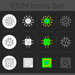 Microcircuits dark theme icons set. Computer device ports. Stable connection between computer components. Linear white, solid glyph and RGB color styles. Isolated vector illustrations