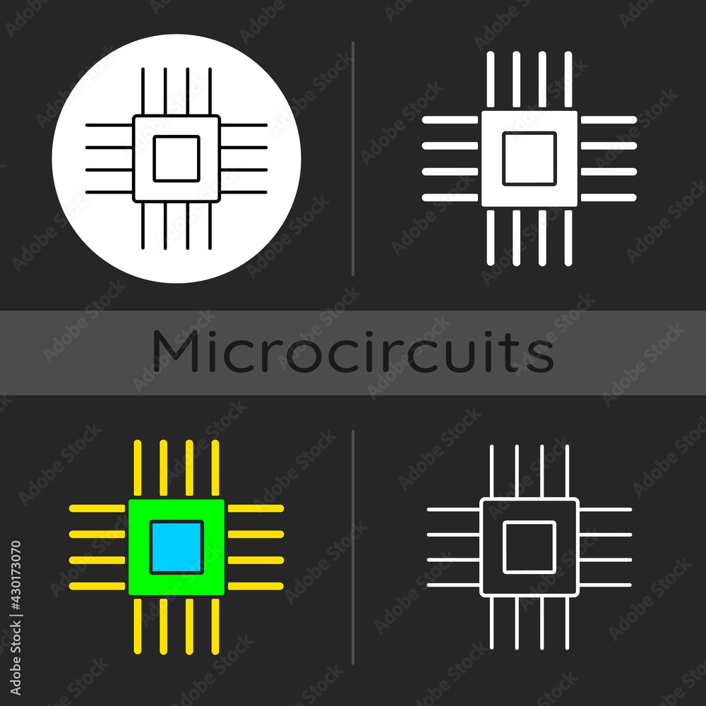 Poster electronic micro parts dark theme icon. small electronic components to make modern smart systems. cr