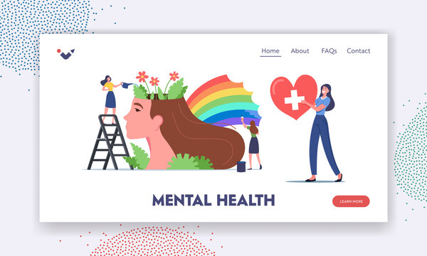 Mental Health Landing Page Template. Tiny Women Characters Watering Flowers and Painting Rainbow at Huge Female Head