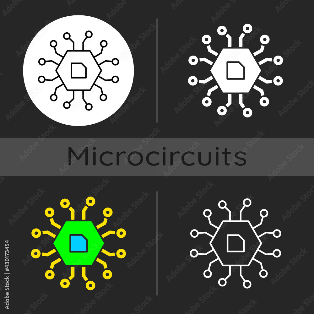 Poster computer components dark theme icon. electrical parts for building modern smart devices with micropr