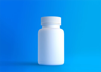 White pills bottle on blue background with copy space. Medicine concepts. Minimalistic abstract concept. 3d Rendering illustration