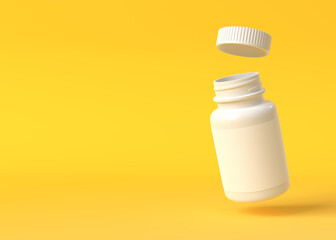 Flying pills bottle on yellow background with copy space. Medicine concepts. Minimalistic abstract concept. 3d Rendering illustration