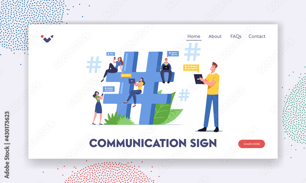 Poster communication sign landing page template. tiny characters with digital devices texting, sending mess