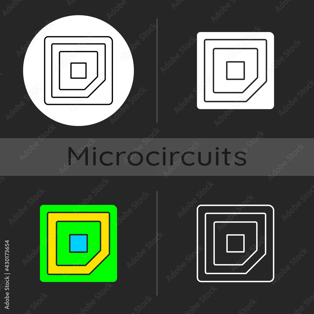 Poster cpu corner mark dark theme icon. showing in which direction microchip should be placed into computer