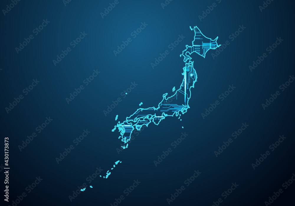 Poster abstract futuristic map of japan. circuit board design electric of the region. technology background