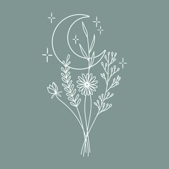 Wildflowers bouquet crescent moon with stars. Islamic religious symbol Ramadan holiday. Design element for logos icons. Vector illustration © olindana