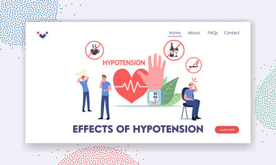Hypotension Effects Landing Page Template. Characters with Cardiology Disease Symptoms Measuring Arterial Blood Pressure
