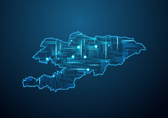 Abstract futuristic map of kyrgyzstan. Circuit Board Design Electric of the region. Technology background. mash line and point scales on dark with map.
