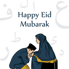happy eid mubarak greeting with an illustration of a person kissing his mother's hand, with a flat white background