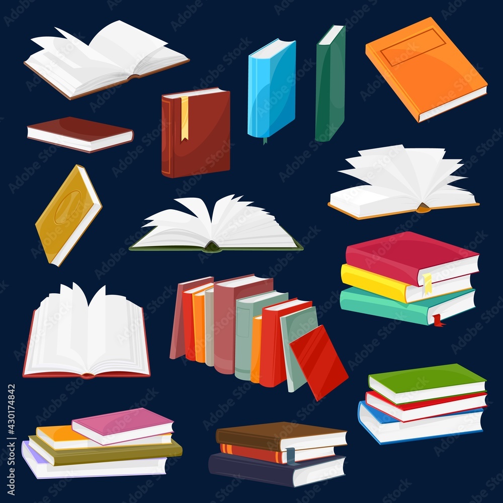 Poster book and textbook vector set with cartoon piles or stacks of open and closed books with blank paper 