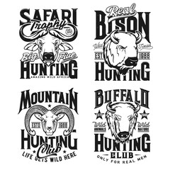 Bison, bighorn sheep ram and Cape buffalo hunting t-shirt vector prints. Trophy hunting club mascot, hunter clothing print with retro typography, African and North America mountain horned animal head