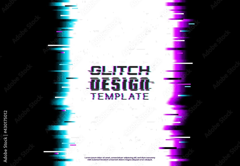 Poster Screen glitch template, broken monitor or TV signal fail vector background. Digital pixels noise blue and violet lines, distorted typography, Broken monitor critical error, computer bug effect
